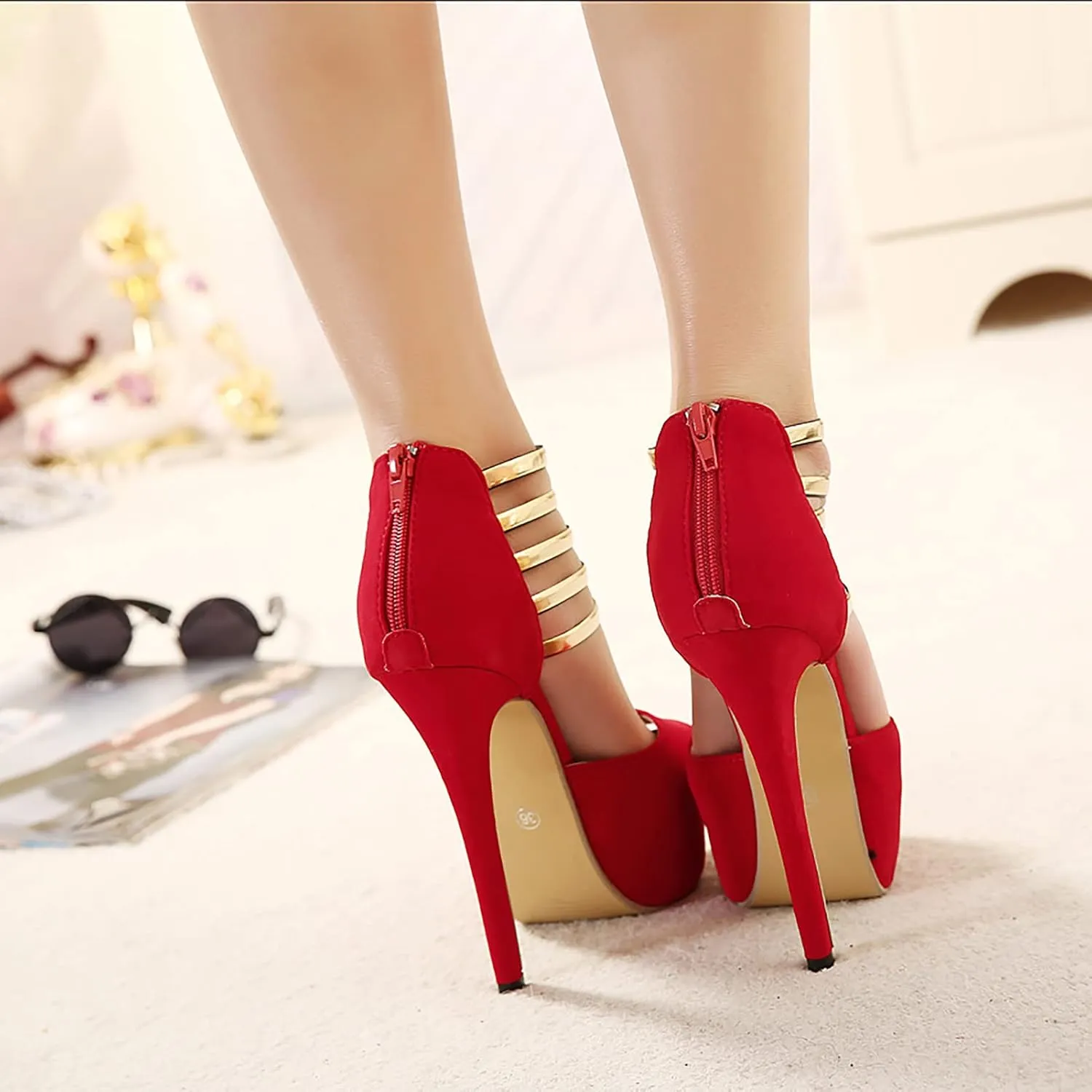 14CM/5.51IN High Heels Women Thick High Heels Nightclub Sexy Fashion Suede Pumps Open Toe High Heel Shoes Size 35-45