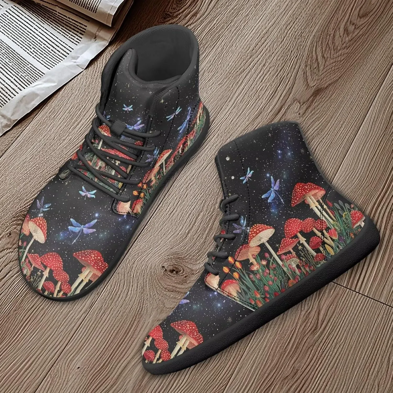 Aesthetic Plant Women's High Top Sneakers Unisex Wide Toe Barefoot Sneakers PU Leathe Waterproof Lace Up Shoes