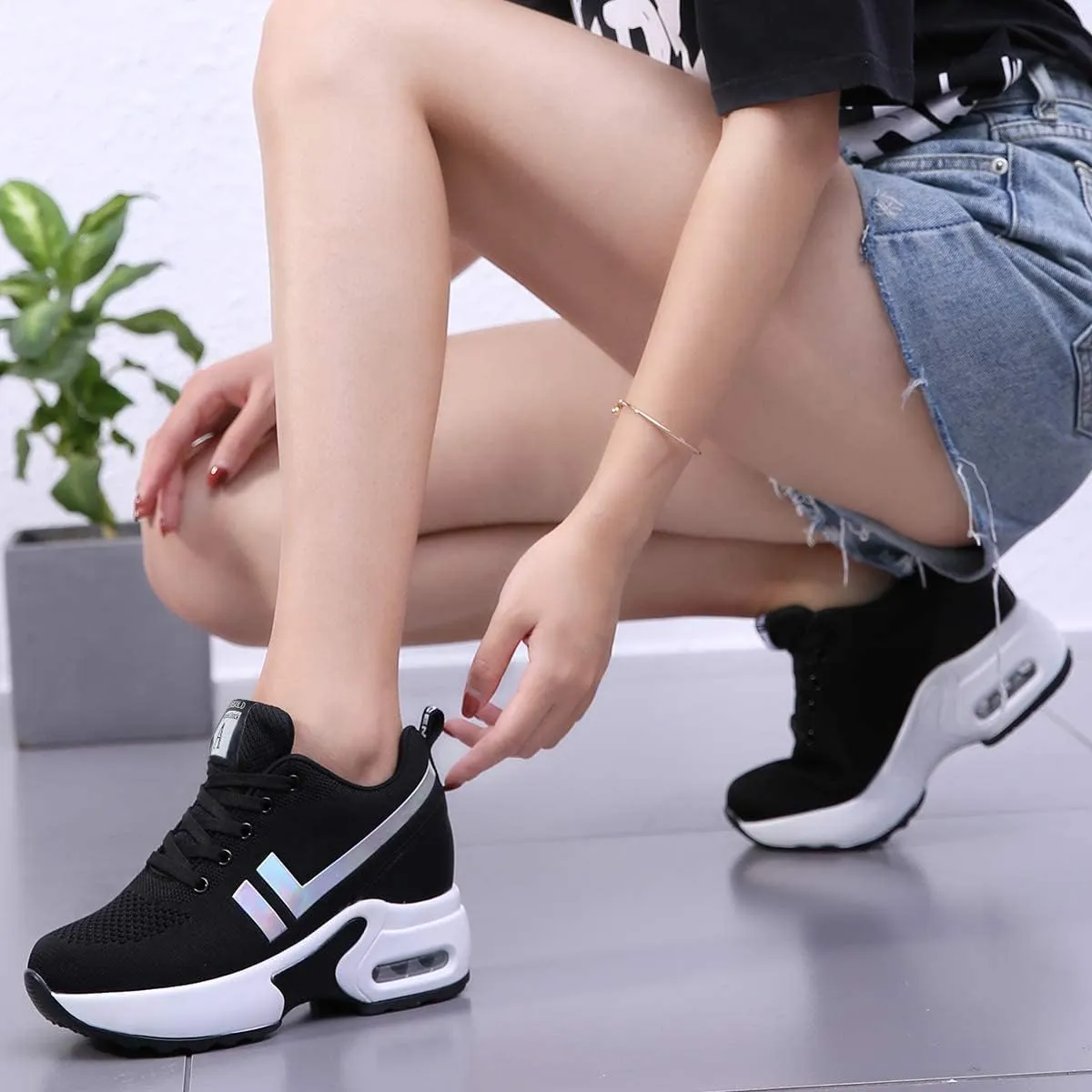 AONEGOLD Womens Knit Platform Hidden Wedges Sneaker High Top Athletic Walking Shoes High Heel Mesh Fashion