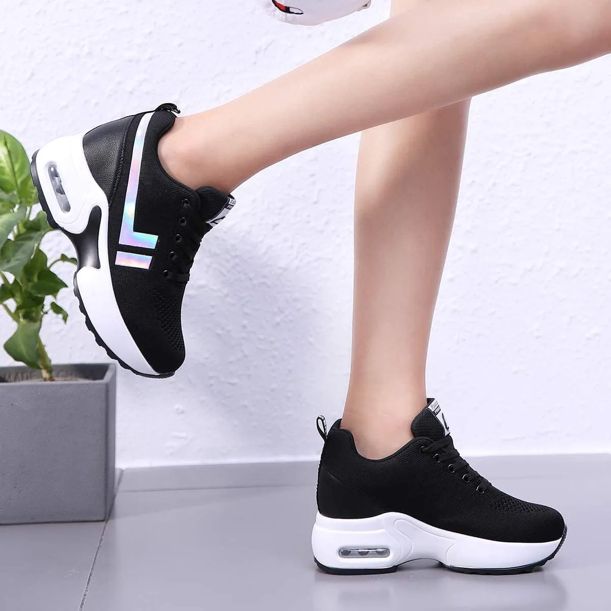 AONEGOLD Womens Knit Platform Hidden Wedges Sneaker High Top Athletic Walking Shoes High Heel Mesh Fashion