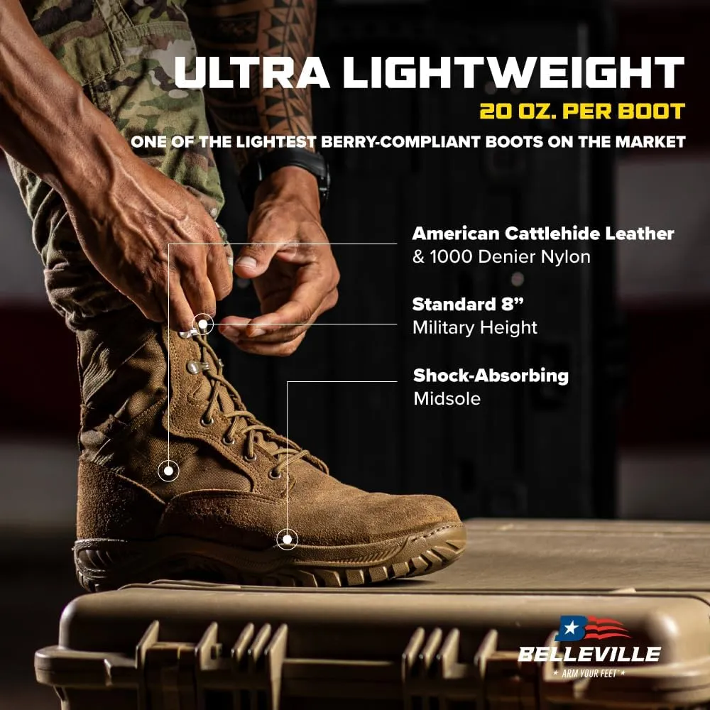 Belleville Flyweight C320 8” Combat Boots for Men - Ultra-Lightweight Army/Air Force OCP ACU Coyote Brown Leather with Traction Outsole; Berry Compliant