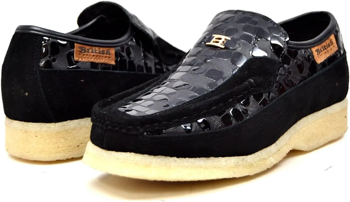 British Collection - Stone Crocodile Leather and Suede Black Slip On Shoes 8