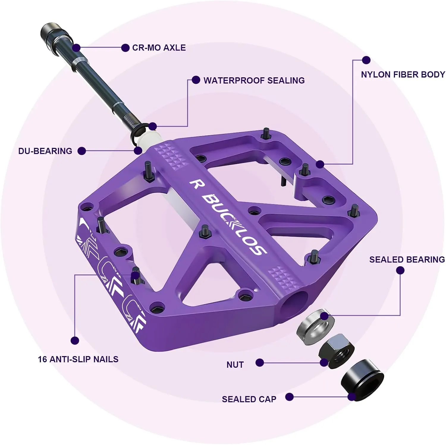 BUCKLOS Mountain Bike Pedals MTB Pedals Flat, Adult Bicycle Road Bike Large Platform Nylon Non-Slip Pedal for Gravel Bike/Hybrid Bike 9/16"