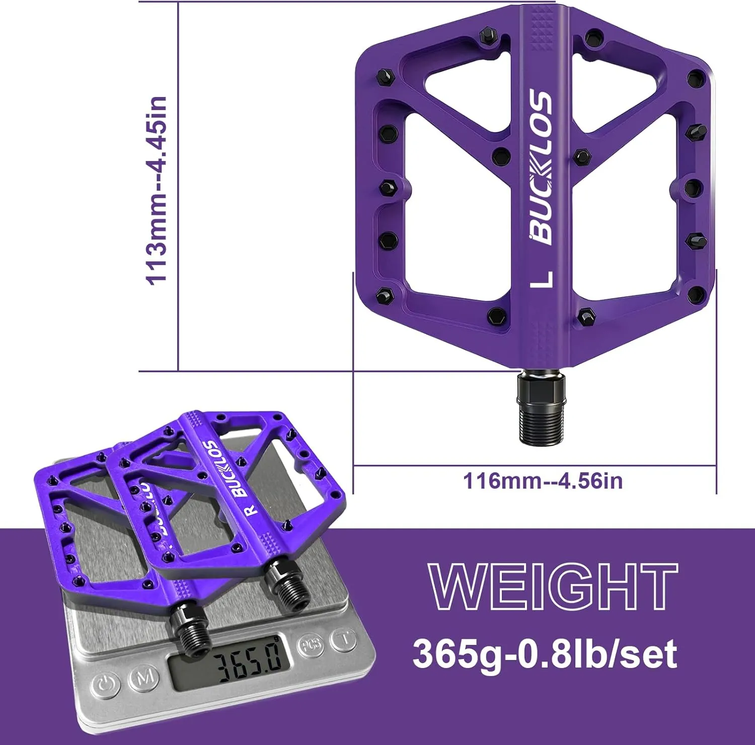 BUCKLOS Mountain Bike Pedals MTB Pedals Flat, Adult Bicycle Road Bike Large Platform Nylon Non-Slip Pedal for Gravel Bike/Hybrid Bike 9/16"