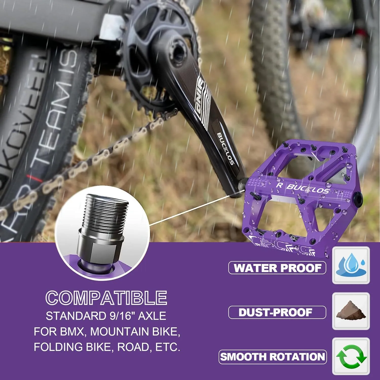 BUCKLOS Mountain Bike Pedals MTB Pedals Flat, Adult Bicycle Road Bike Large Platform Nylon Non-Slip Pedal for Gravel Bike/Hybrid Bike 9/16"