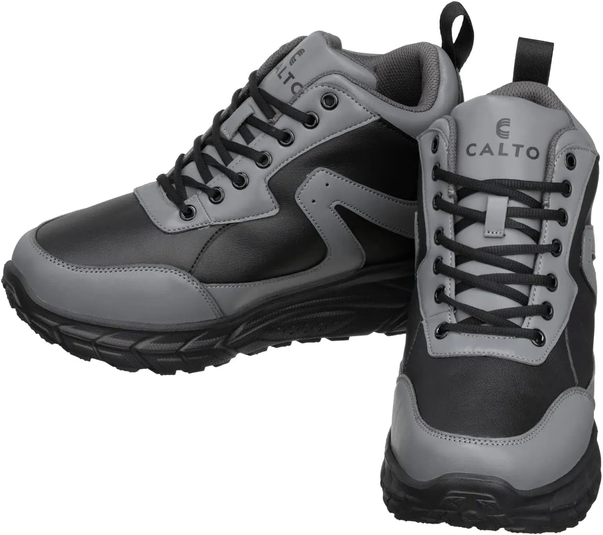 CALTO Men's Invisible Height Increasing Elevator Shoes - Black/Grey Lace-up High-Top Hiking Style Sneaker Boots - 4 Inches Taller - S22771 - Size 10 D(M) US