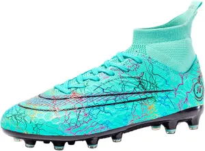 Competitive Unisex Soccer Shoes Men Women Indoor Outdoor Football Boots Athletic Turf Mundial Team Cleat Running Sports Lightweight Breathable Anti-Skid Damping (6 Men/8 Women,Azure)