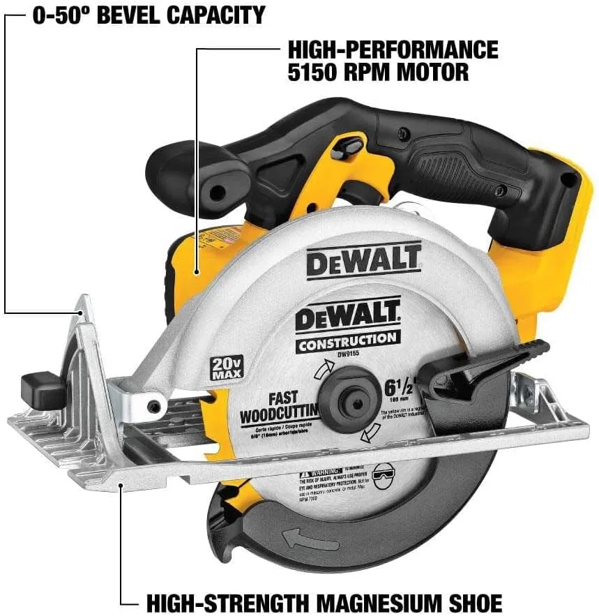DEWALT 20V MAX Circular Saw, 6-1/2-Inch Blade, 460 MWO Engine, 0-50 Degree Bevel Capability, Bare Tool Only (DCS391B)