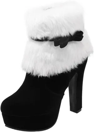 ERINGOGO Christmas Themed Plush Ankle Boots for Women Stylish Thick Heel Platform Short Boot Design Comfortable Winter Footwear for Holiday Parties Xmas Present