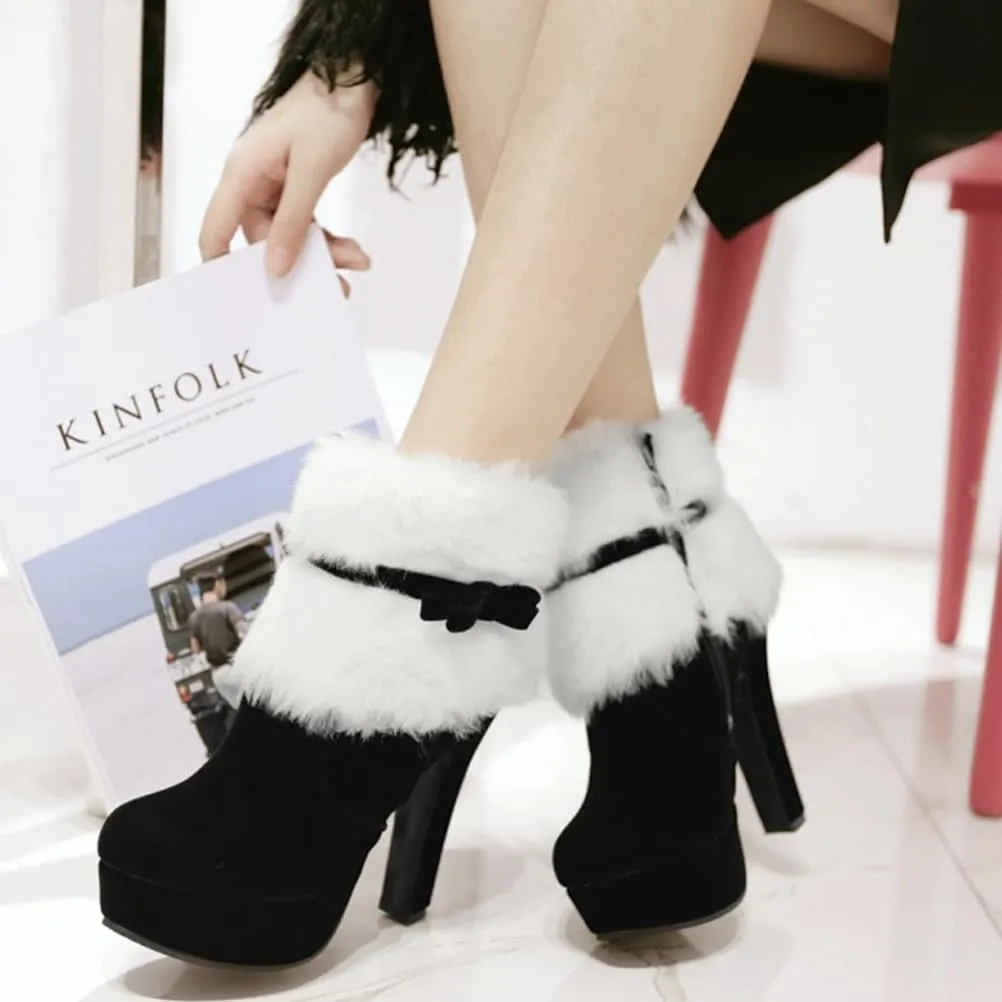 ERINGOGO Christmas Themed Plush Ankle Boots for Women Stylish Thick Heel Platform Short Boot Design Comfortable Winter Footwear for Holiday Parties Xmas Present