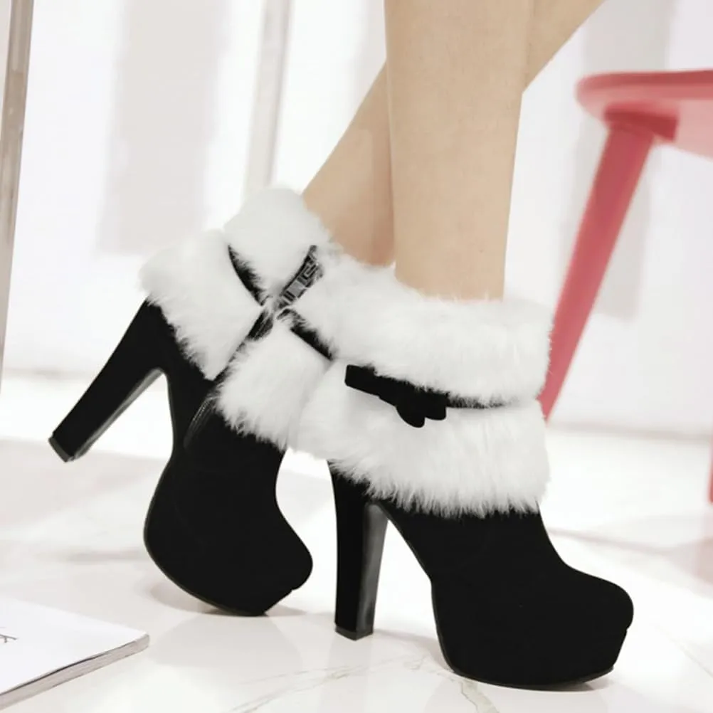 ERINGOGO Christmas Themed Plush Ankle Boots for Women Stylish Thick Heel Platform Short Boot Design Comfortable Winter Footwear for Holiday Parties Xmas Present