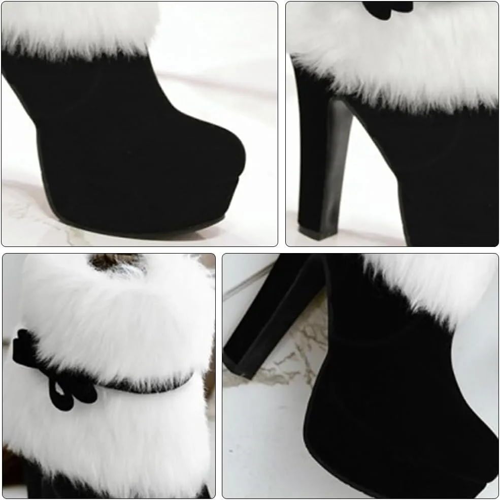 ERINGOGO Christmas Themed Plush Ankle Boots for Women Stylish Thick Heel Platform Short Boot Design Comfortable Winter Footwear for Holiday Parties Xmas Present