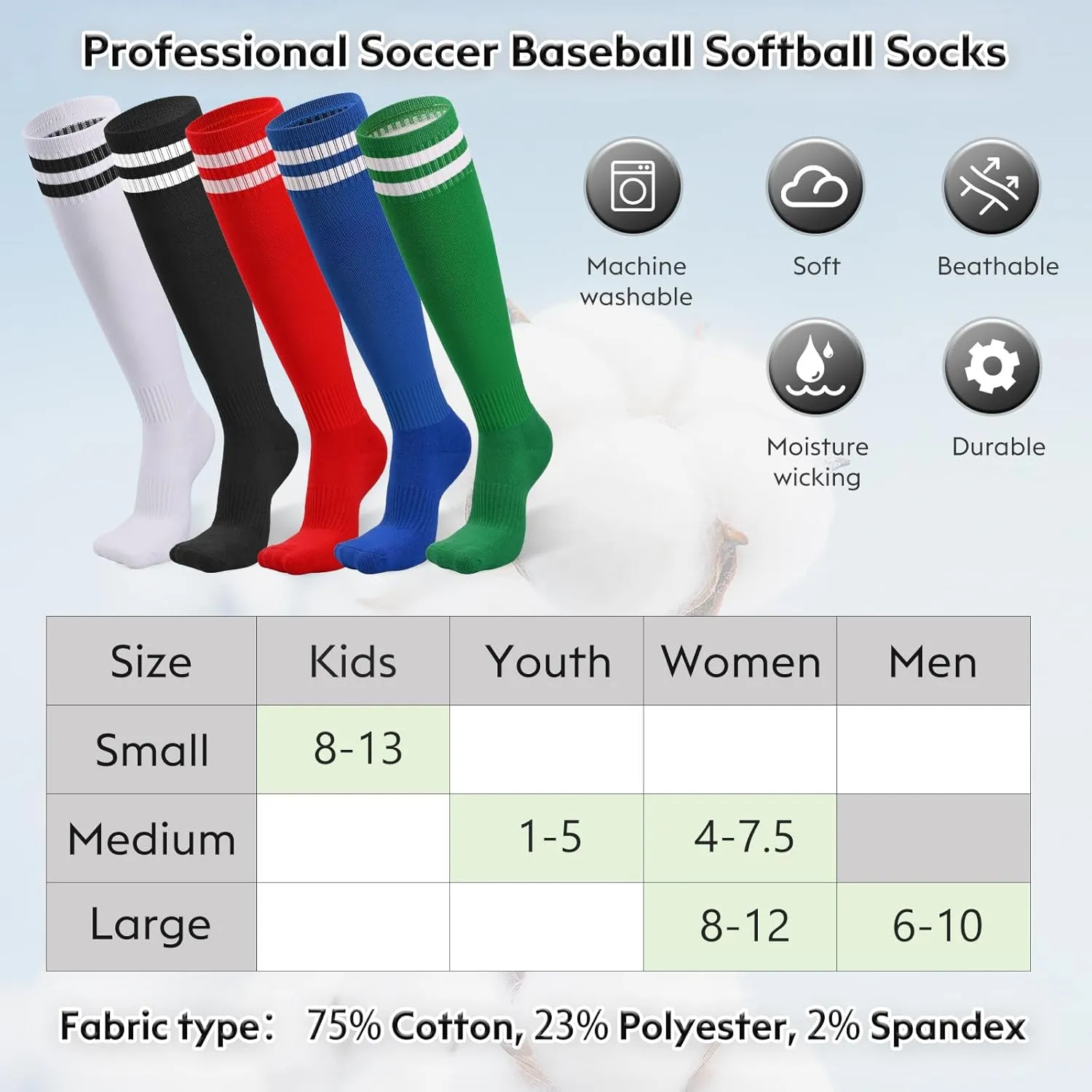 Finerview Kids Soccer Socks Baseball Softball Socks, Knee High Stripes Arch Ankle Support Athletic Socks for Boys & Girls
