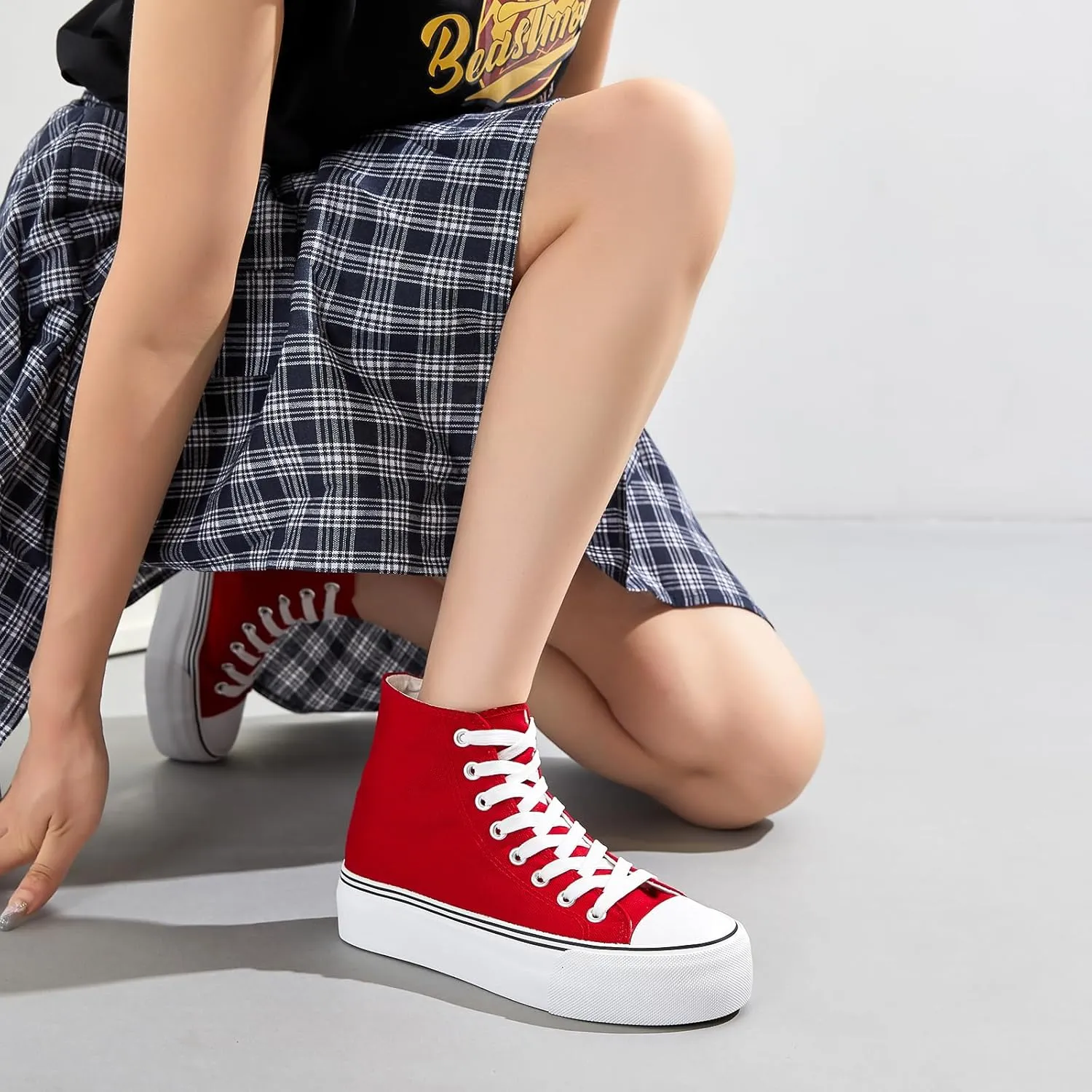 FINIWOR High Top Platform Sneakers for Women,Classic Black and White Canvas Shoes Womens Lace-up High Top Tennis Shoes