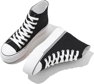 FINIWOR High Top Platform Sneakers for Women,Classic Black and White Canvas Shoes Womens Lace-up High Top Tennis Shoes