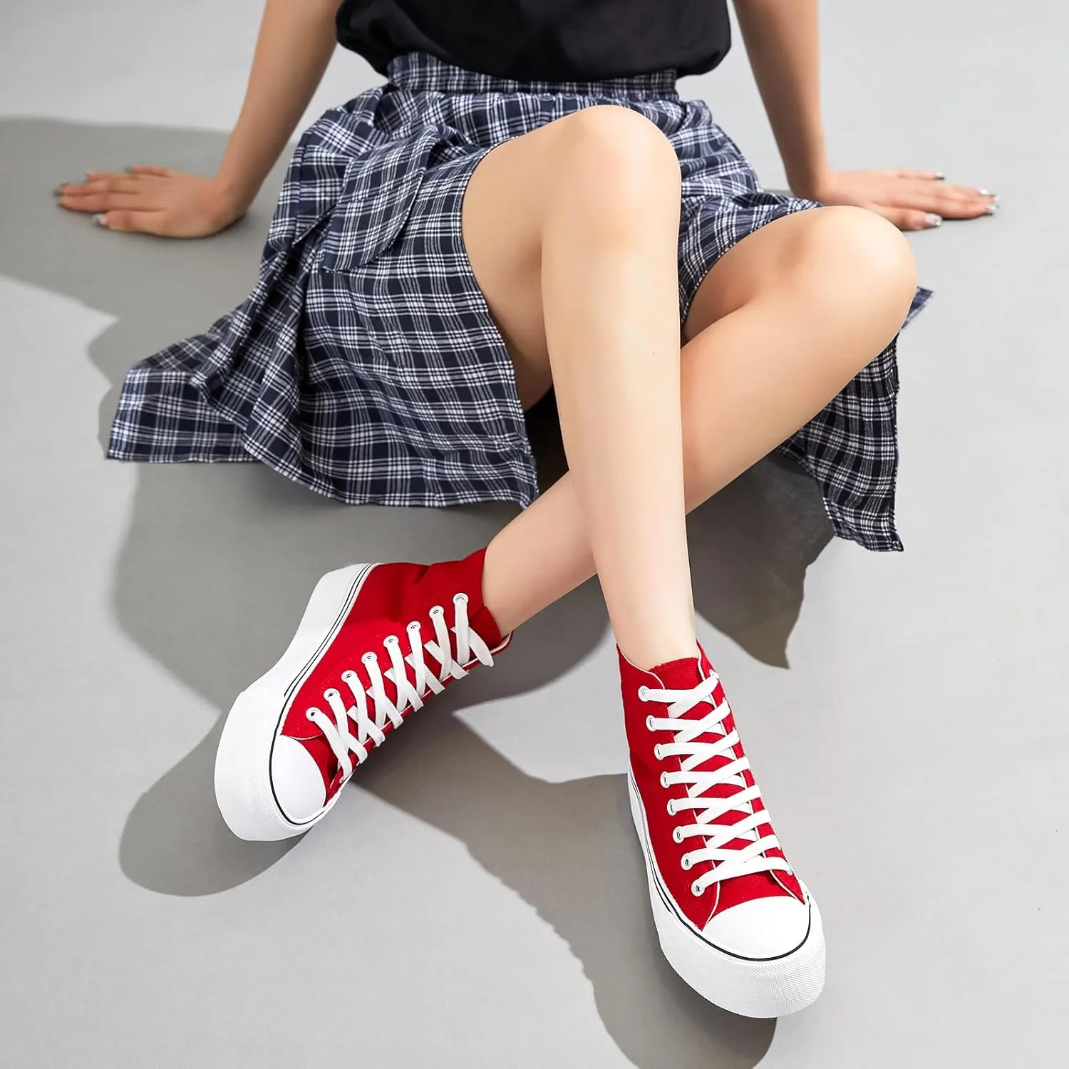 FINIWOR High Top Platform Sneakers for Women,Classic Black and White Canvas Shoes Womens Lace-up High Top Tennis Shoes