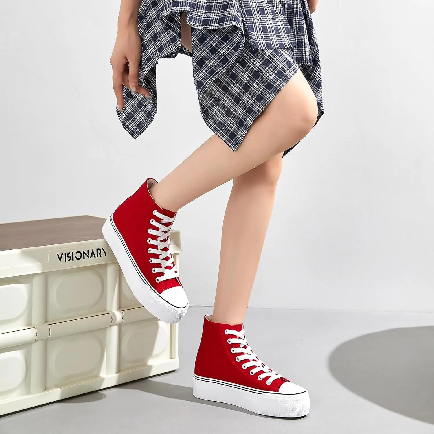 FINIWOR High Top Platform Sneakers for Women,Classic Black and White Canvas Shoes Womens Lace-up High Top Tennis Shoes