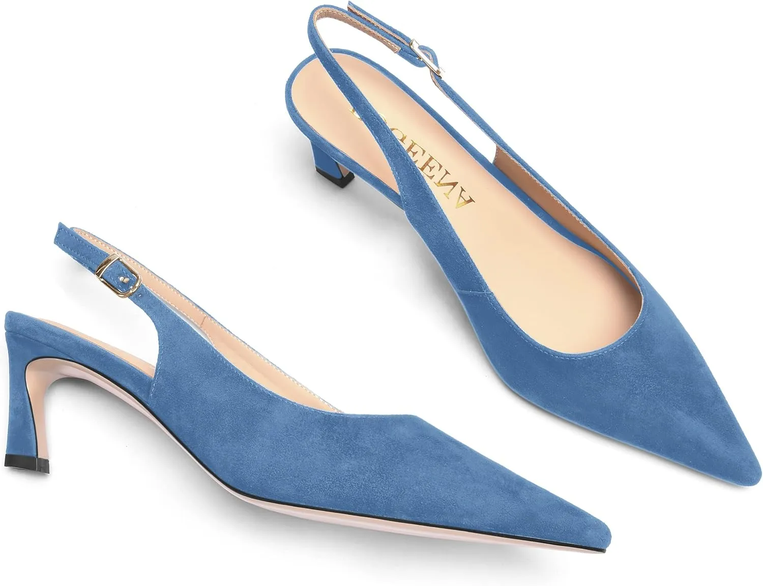 FOGEENA Womens Ankle Strap Night Club Pointed Toe Buckle Cute Suede Kitten Leather Low Heel Pumps Shoes 2 Inch