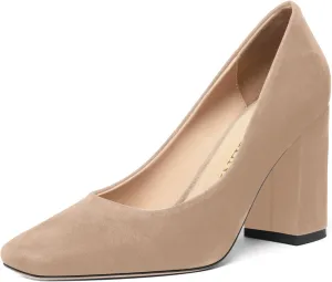 FOGEENA Womens Square Toe Suede Leather Dress Slip On Wedding Block High Heel Pumps Shoes 3.34 Inch