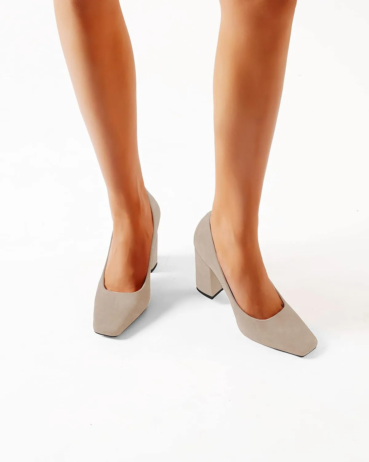 FOGEENA Womens Square Toe Suede Leather Dress Slip On Wedding Block High Heel Pumps Shoes 3.34 Inch