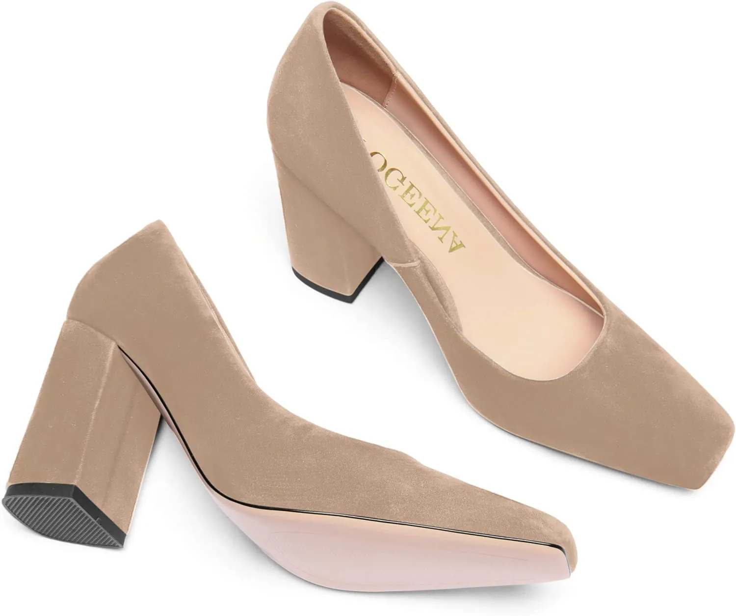 FOGEENA Womens Square Toe Suede Leather Dress Slip On Wedding Block High Heel Pumps Shoes 3.34 Inch