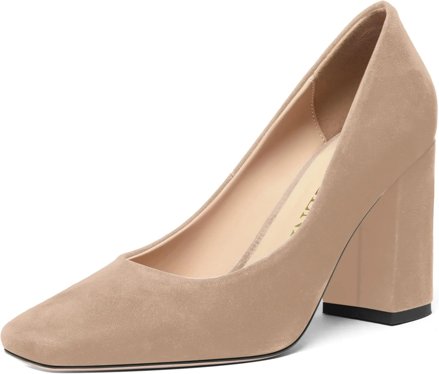 FOGEENA Womens Square Toe Suede Leather Dress Slip On Wedding Block High Heel Pumps Shoes 3.34 Inch