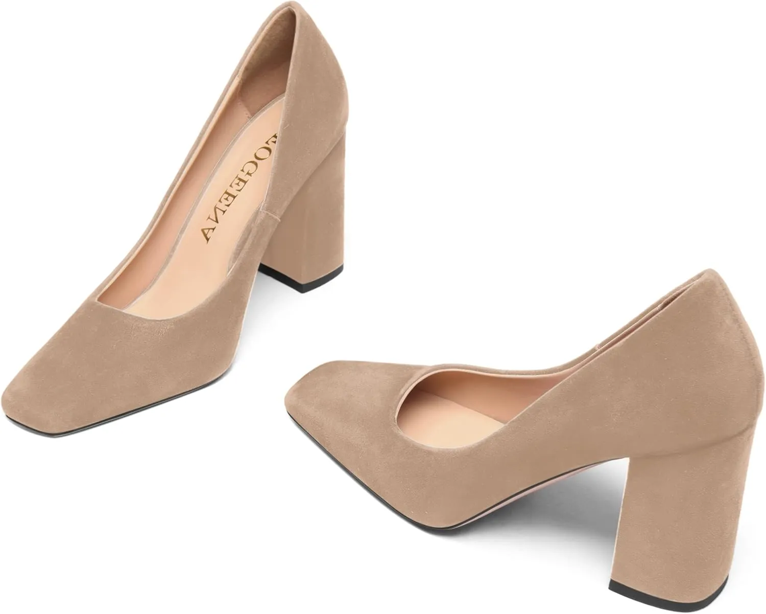 FOGEENA Womens Square Toe Suede Leather Dress Slip On Wedding Block High Heel Pumps Shoes 3.34 Inch