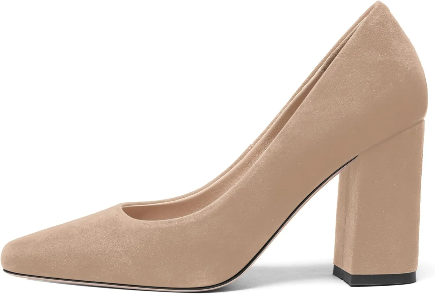 FOGEENA Womens Square Toe Suede Leather Dress Slip On Wedding Block High Heel Pumps Shoes 3.34 Inch