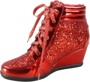 Forever Link Women's Fashion Glitter High Top Lace Up Wedge Sneaker Shoes