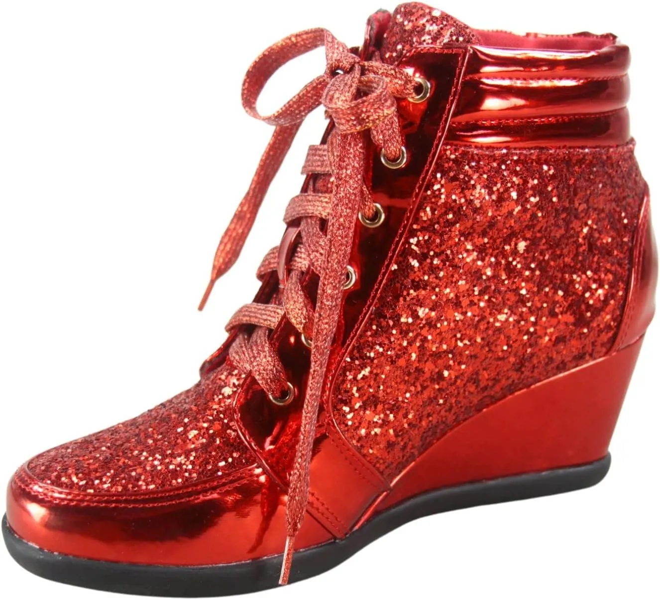 Forever Link Women's Fashion Glitter High Top Lace Up Wedge Sneaker Shoes