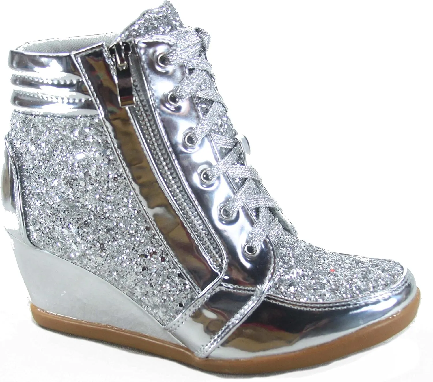 Forever Link Women's Fashion Glitter High Top Lace Up Wedge Sneaker Shoes