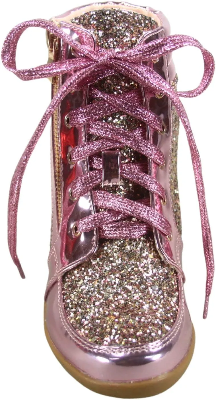 Forever Link Women's Fashion Glitter High Top Lace Up Wedge Sneaker Shoes
