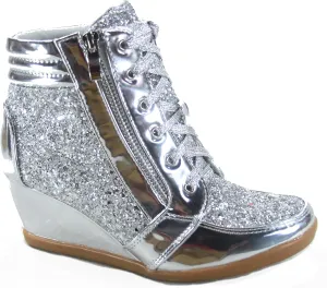 Forever Link Women's Fashion Glitter High Top Lace Up Wedge Sneaker Shoes