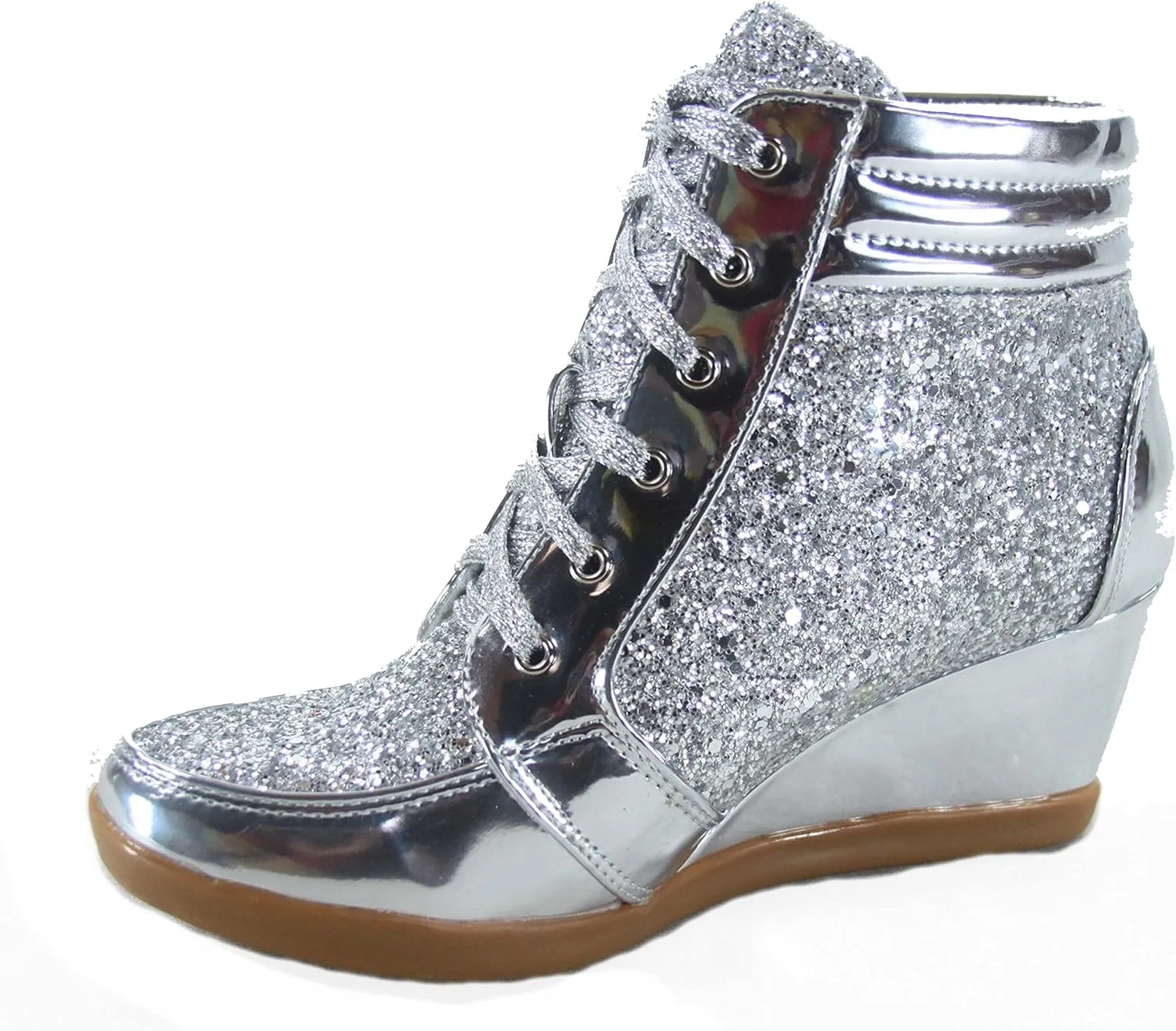 Forever Link Women's Fashion Glitter High Top Lace Up Wedge Sneaker Shoes