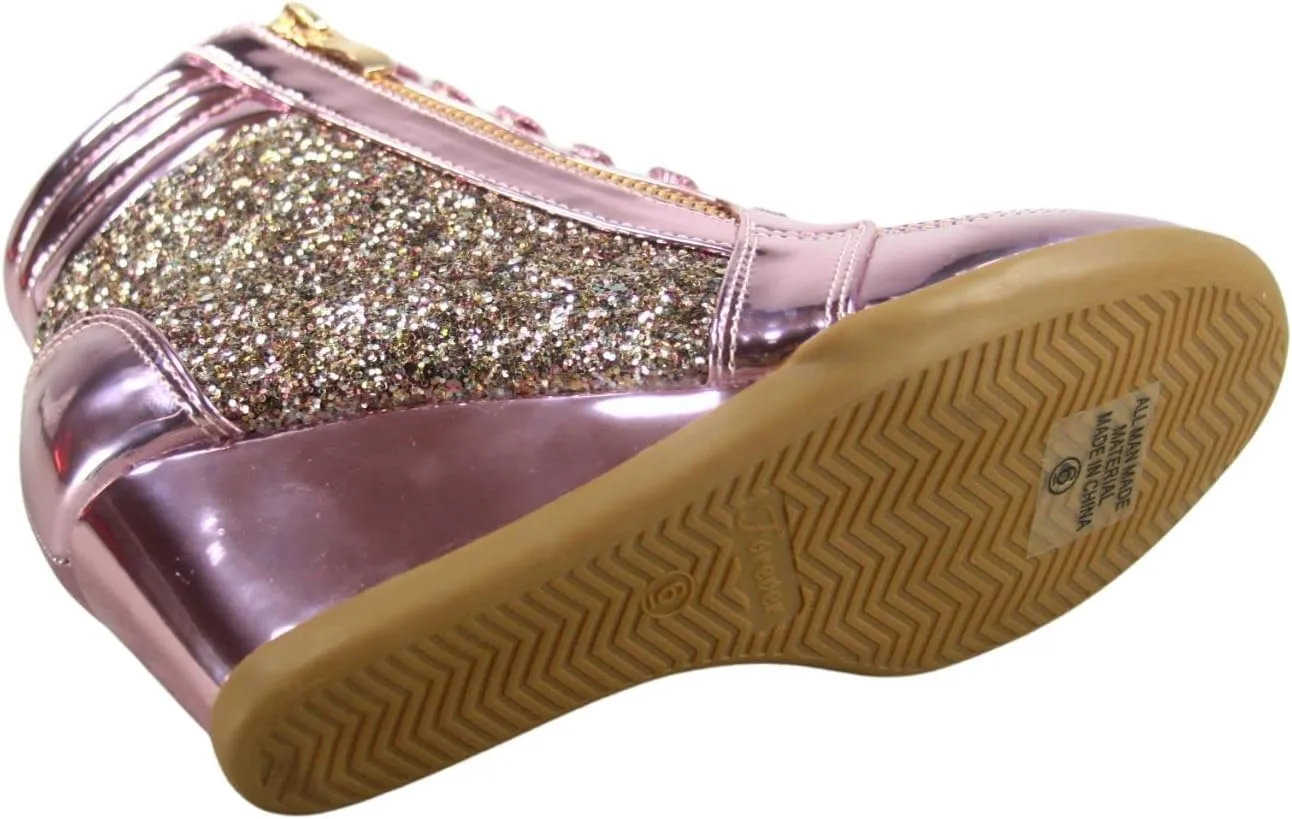 Forever Link Women's Fashion Glitter High Top Lace Up Wedge Sneaker Shoes