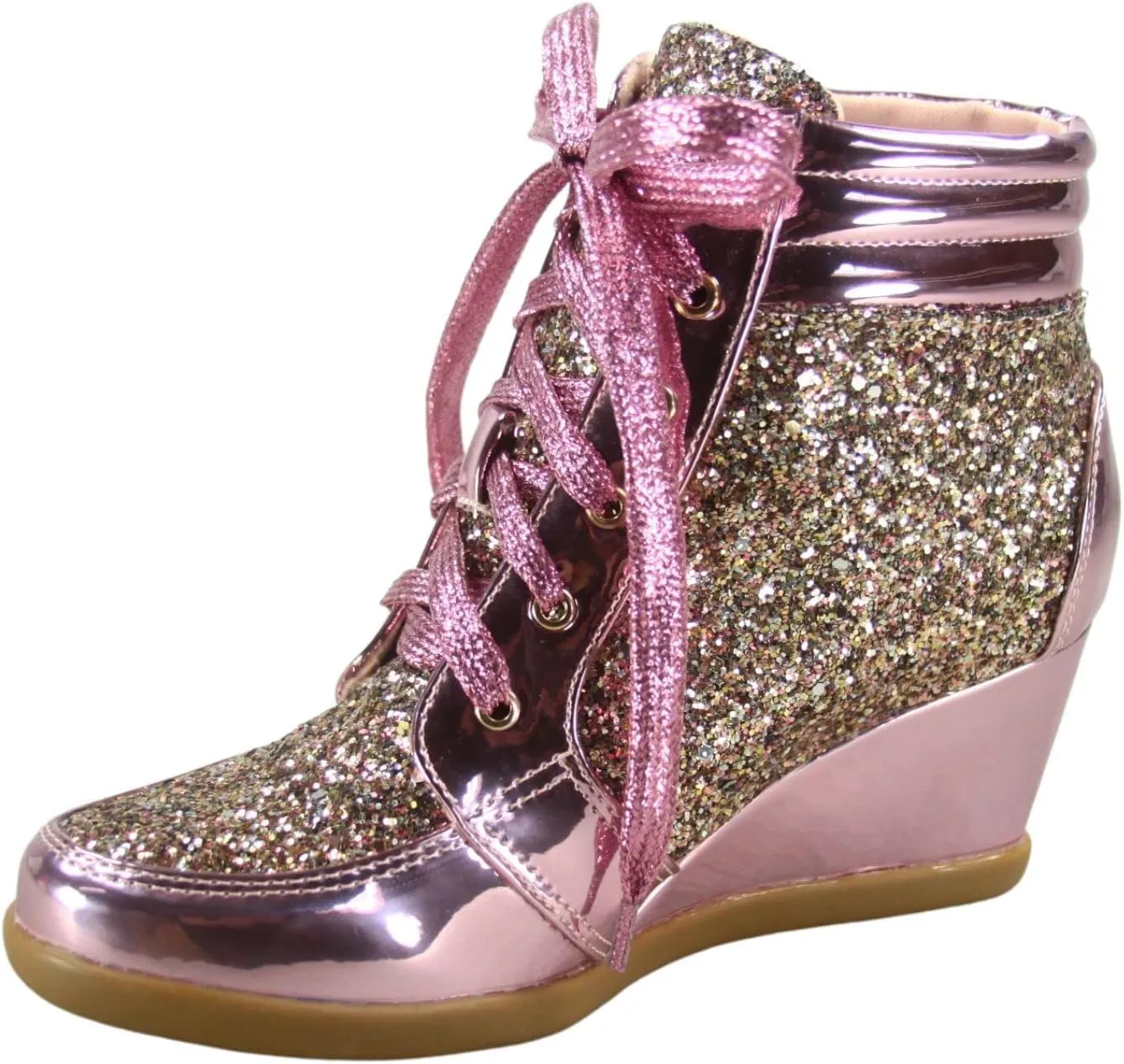 Forever Link Women's Fashion Glitter High Top Lace Up Wedge Sneaker Shoes