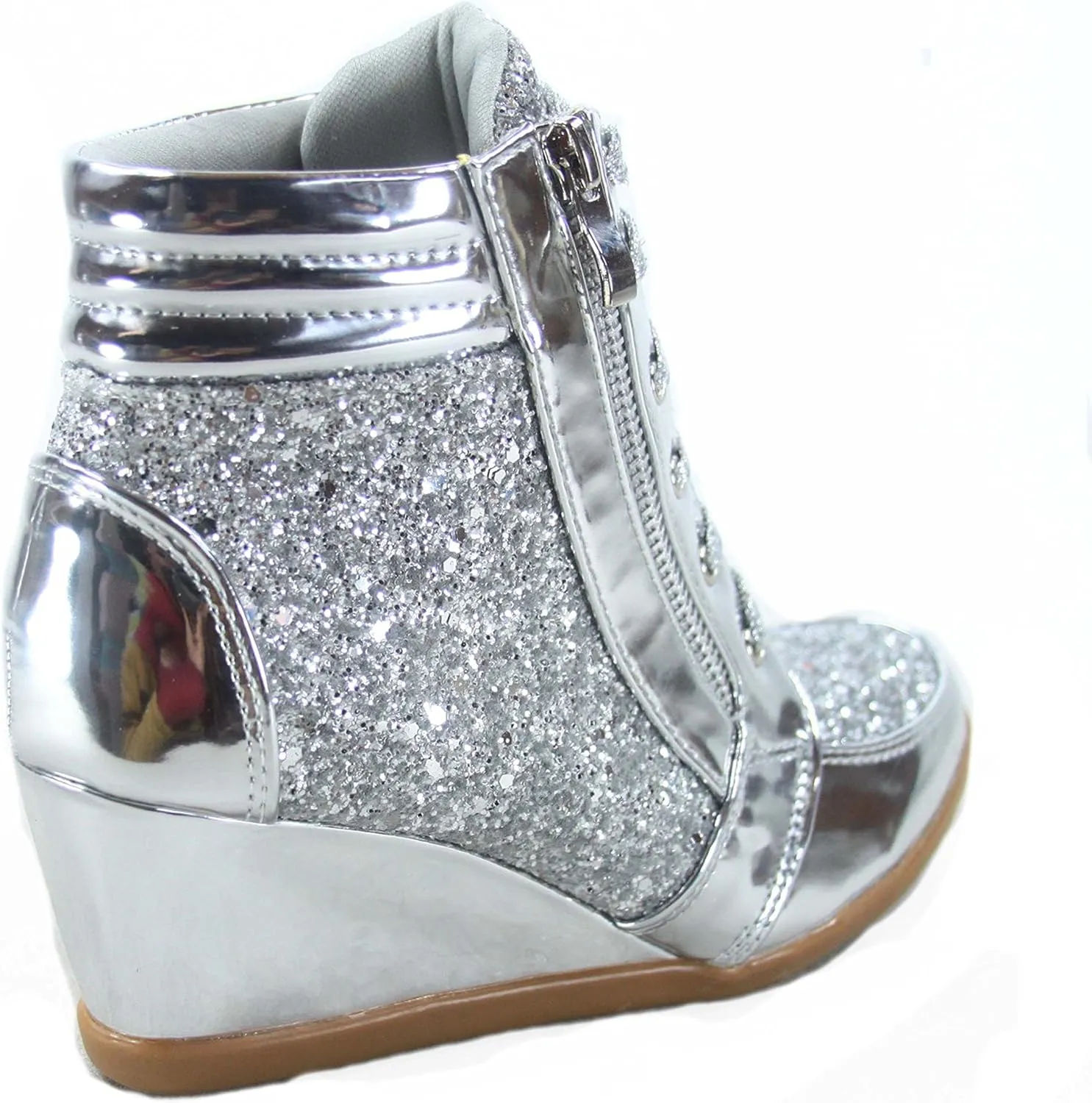 Forever Link Women's Fashion Glitter High Top Lace Up Wedge Sneaker Shoes