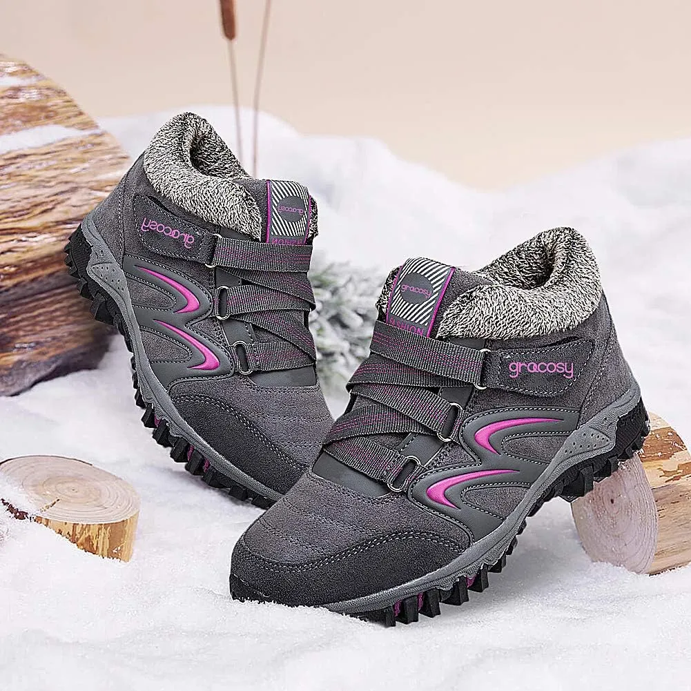 gracosy Women's Hiking Shoes, High Top Sneaker Winter Warm Hook Loop Snow Shoes Fur Lining Suede Ankle Bootie