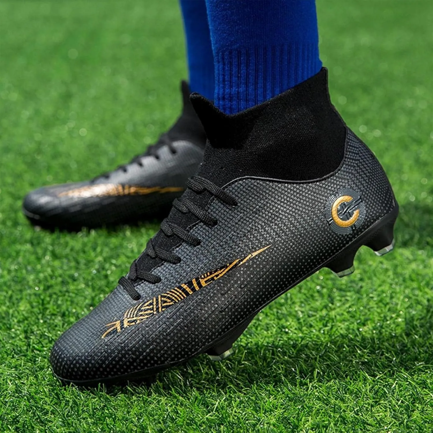 HHY Men's Soccer Shoes Football Cleats with Lace-Up High-Tops Non-Slip Spikes