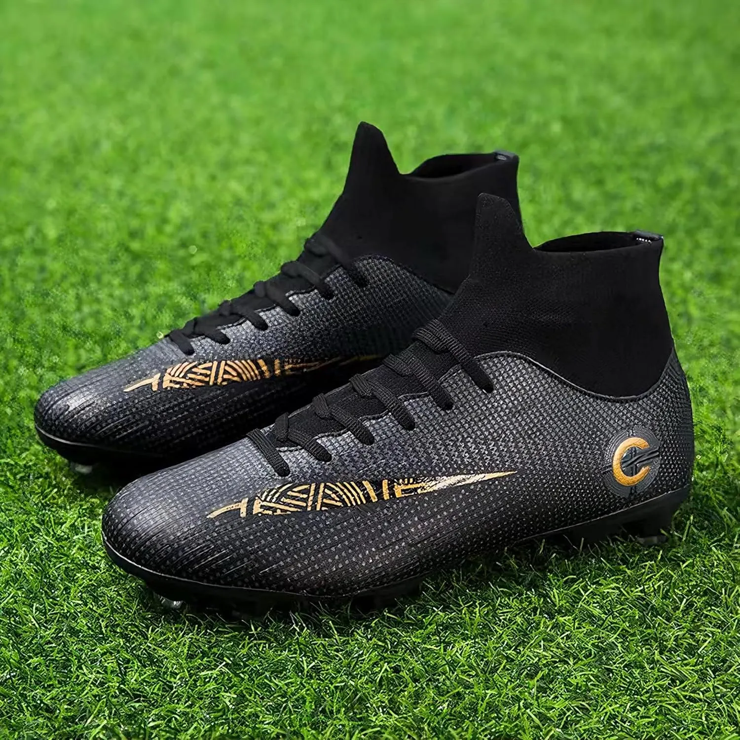 HHY Men's Soccer Shoes Football Cleats with Lace-Up High-Tops Non-Slip Spikes