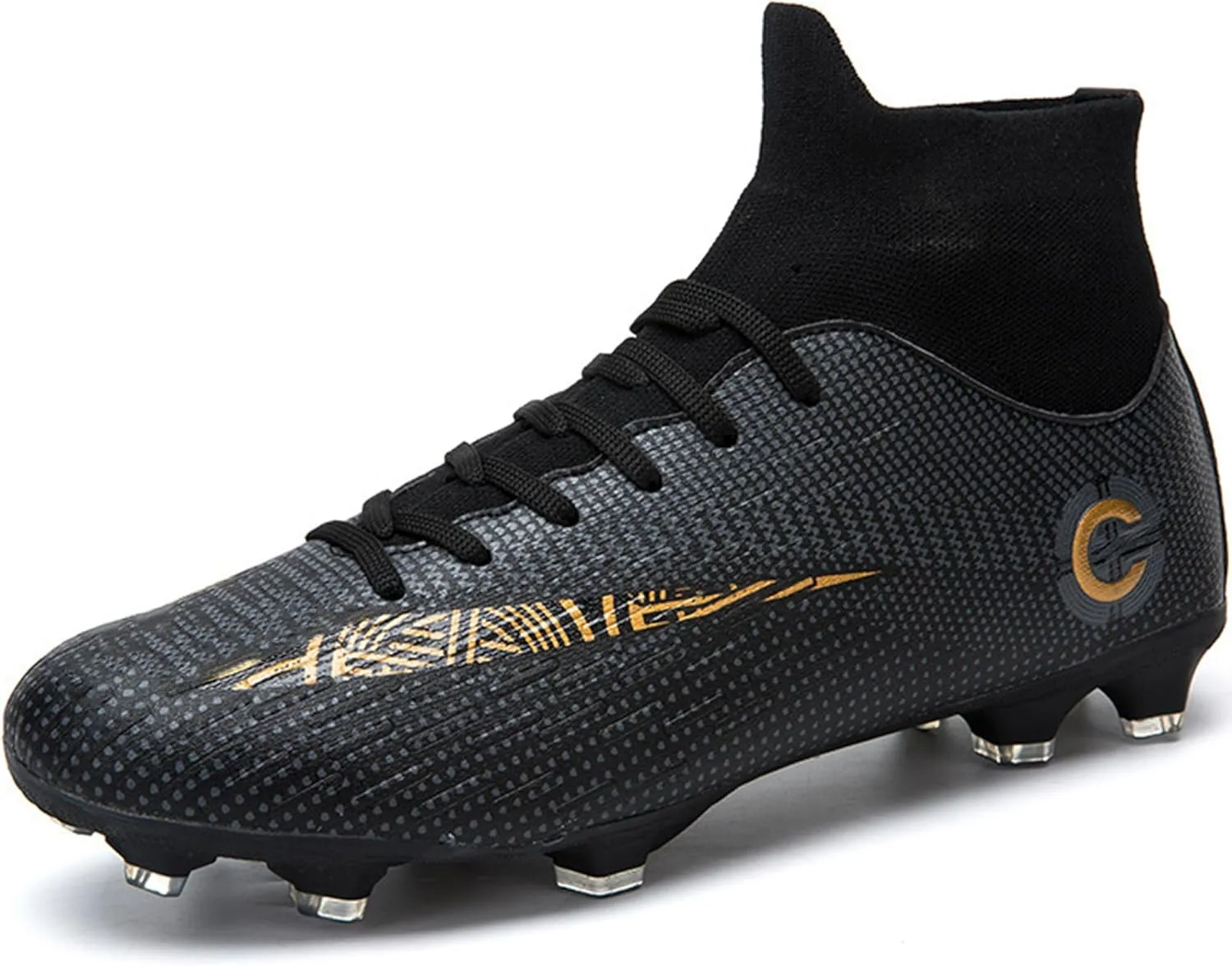 HHY Men's Soccer Shoes Football Cleats with Lace-Up High-Tops Non-Slip Spikes