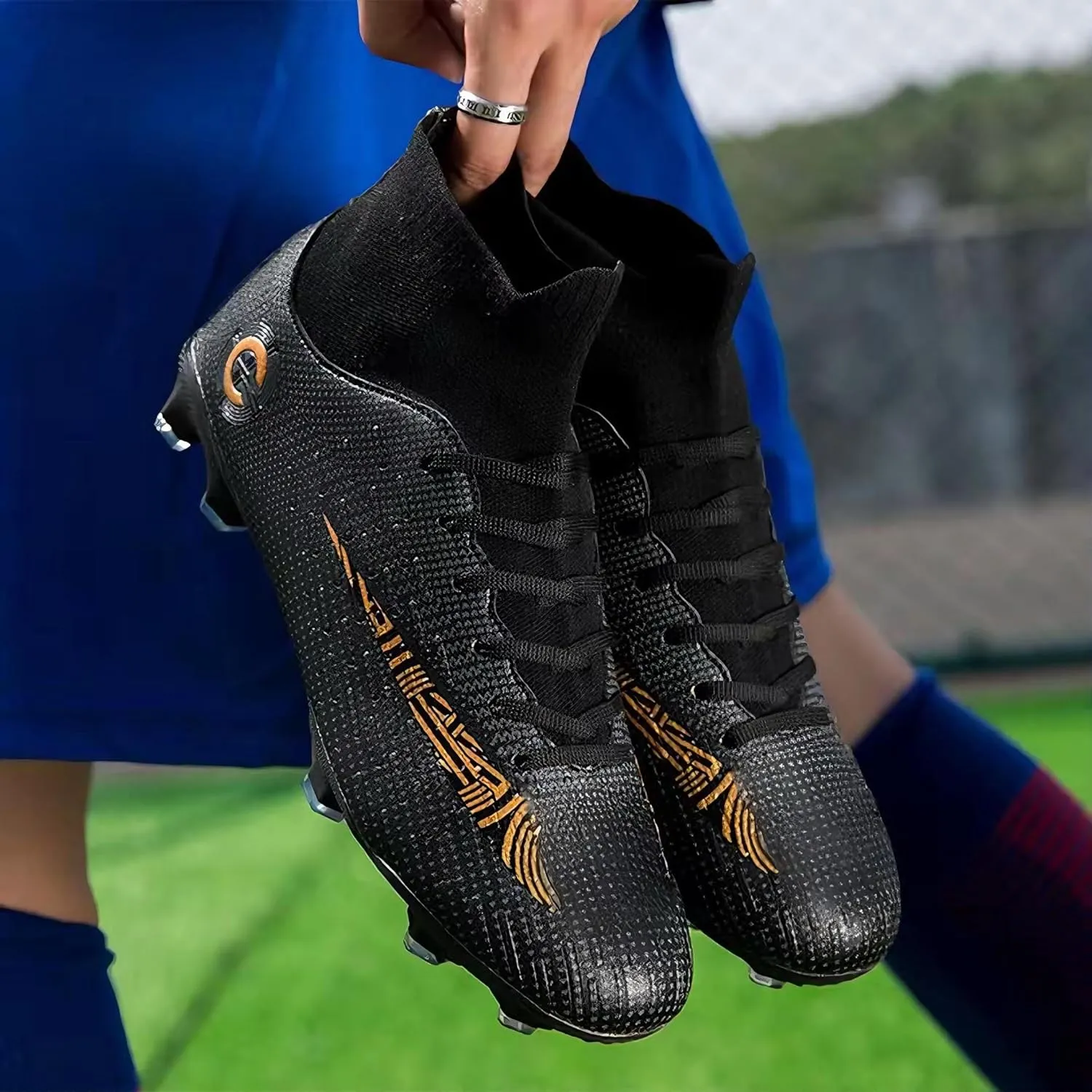 HHY Men's Soccer Shoes Football Cleats with Lace-Up High-Tops Non-Slip Spikes