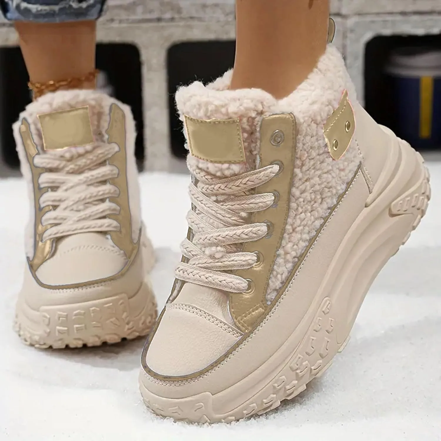 High Top Sneakers for Women Casual Winter Warm Platform Sneakers with Faux Fur Fleece Lining