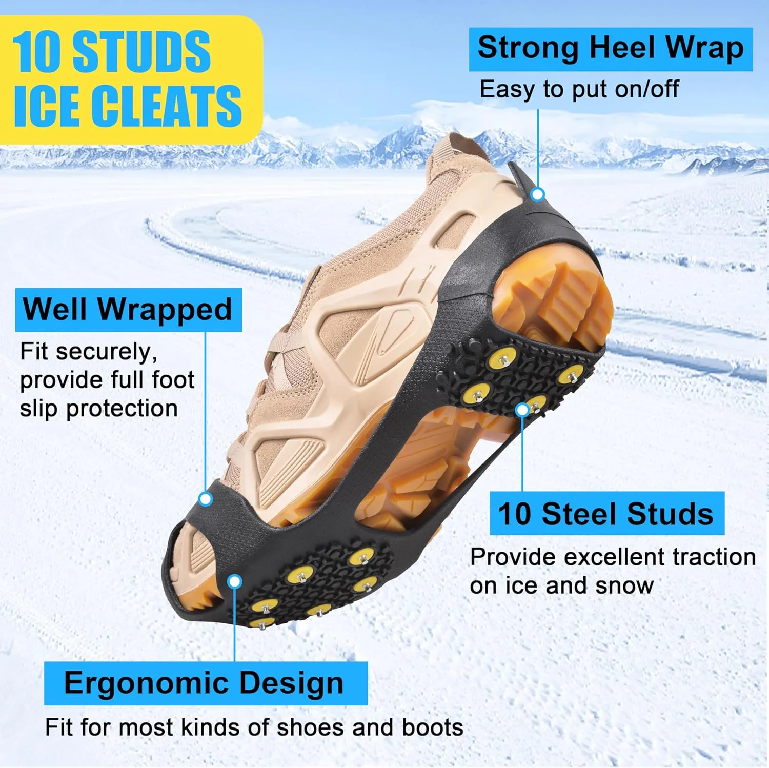Ice Cleats for Shoes and Boots Ice Snow Grippers Anti-Slip Crampons 10 Studs Traction Cleat for Women Men Kids Hiking Fishing Walking Running Jogging