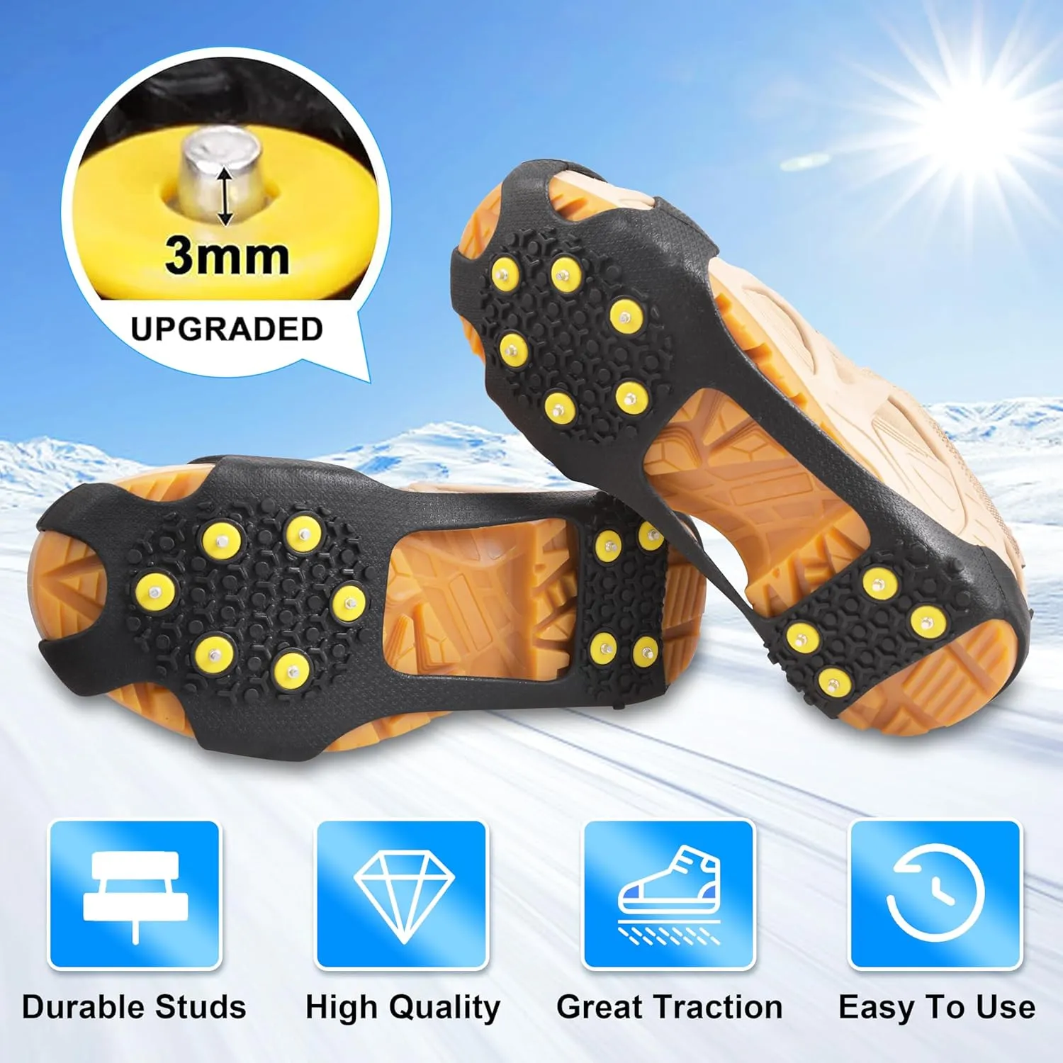 Ice Cleats for Shoes and Boots Ice Snow Grippers Anti-Slip Crampons 10 Studs Traction Cleat for Women Men Kids Hiking Fishing Walking Running Jogging