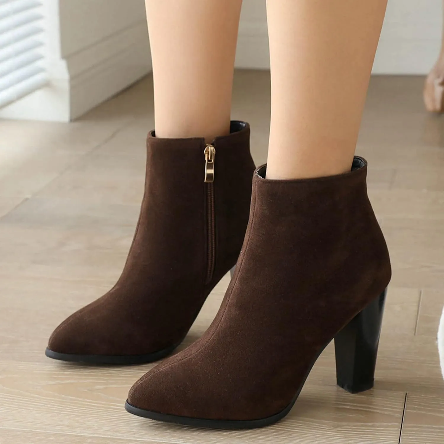 KysBloes Women Faux Suede Pointed Toe Ankle Boots Block High Heel Booties Side Zip Winter Shoes