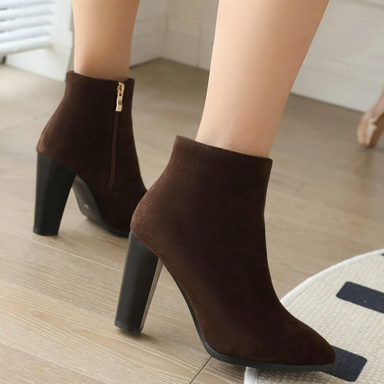 KysBloes Women Faux Suede Pointed Toe Ankle Boots Block High Heel Booties Side Zip Winter Shoes