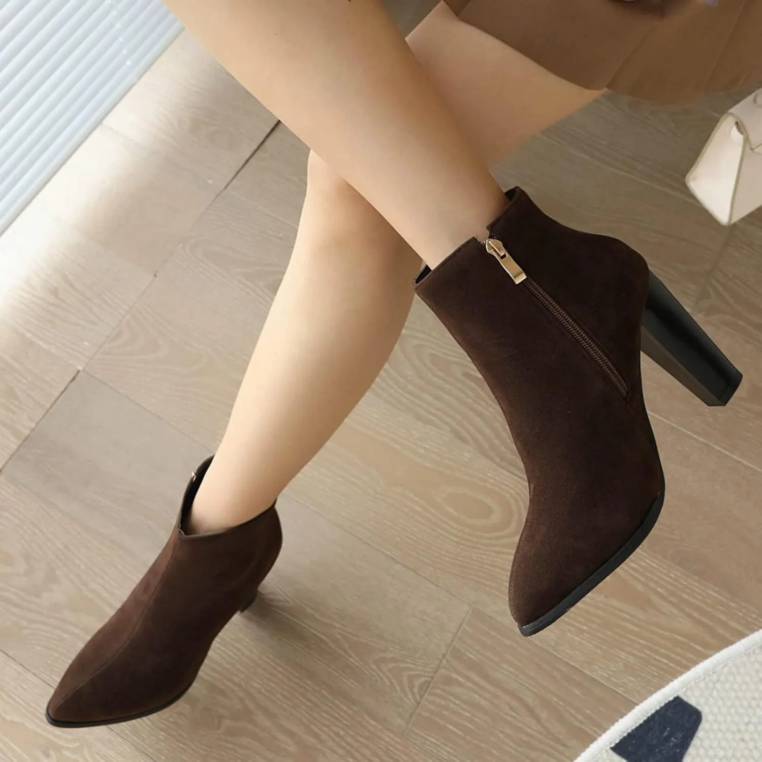 KysBloes Women Faux Suede Pointed Toe Ankle Boots Block High Heel Booties Side Zip Winter Shoes