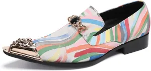 Mens Dress Shoes, Cowhide Brogues Loafers Plus Size Slip on Casual Business Low Top Metal Toe Breathable Color Matching Genuine Leather Shoes