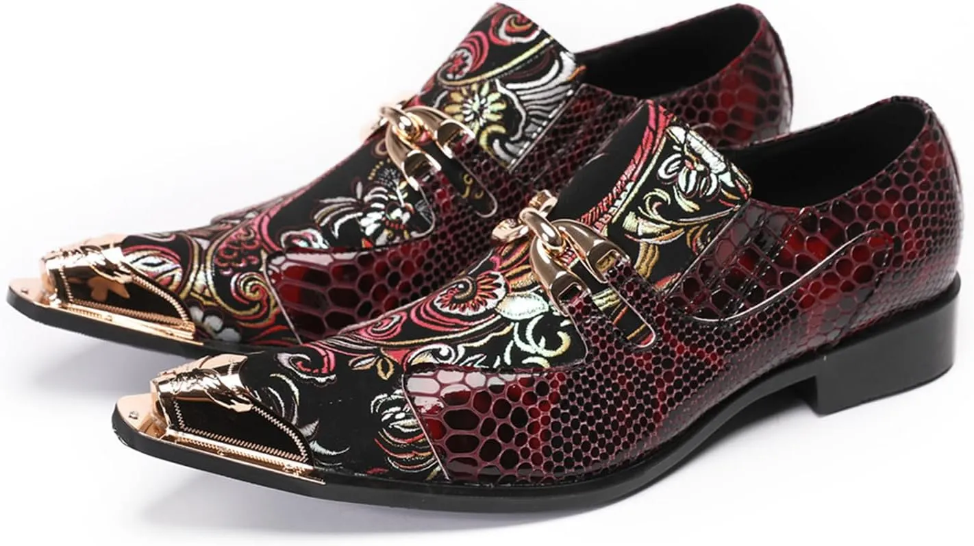 Mens Dress Shoes, Cowhide Loafers Plus Size Handmade Shoes Retro Crocodile Pattern Slip on Casual Business Low Top Metal Toe Breathable Groom Shoes,37 EU,Red